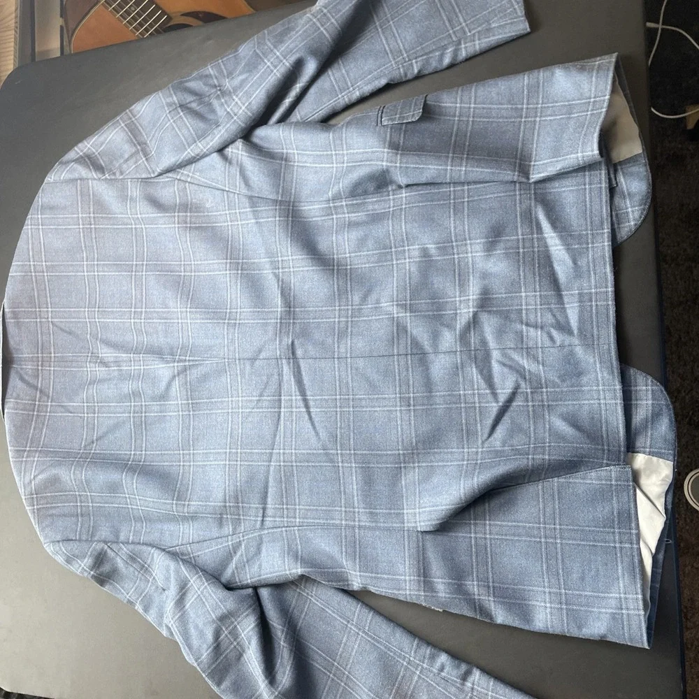 HART SCHAFFNER MARX 42R Wool Blue Gold Windowpane Blazer, Pocket sown shut